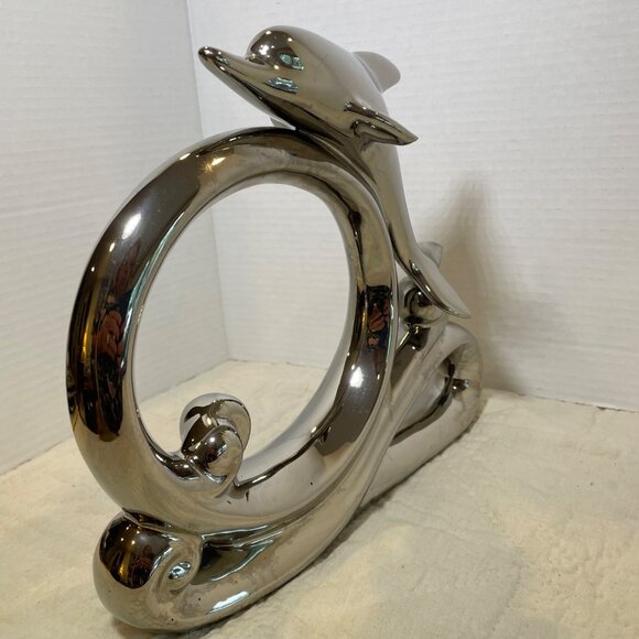 Large Vintage Herco Dolphin Figurine On Wave Decorative Sculpture Chrome Modern - Picture 5 of 12